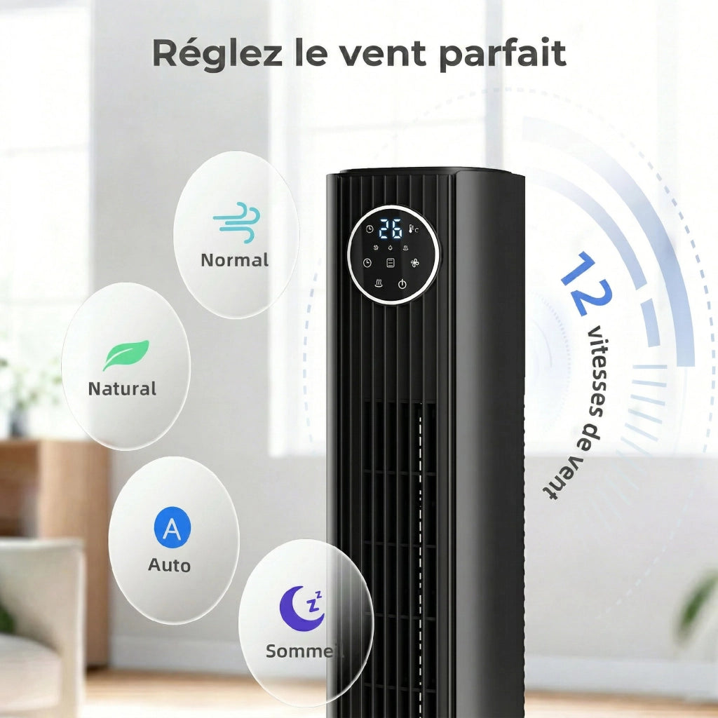 Ventilatore a colonna silenzioso ¨C ZephMum ¨C 28dB 8m/s 12 velocit¨¤ 4 modalit¨¤ timer 12H nero