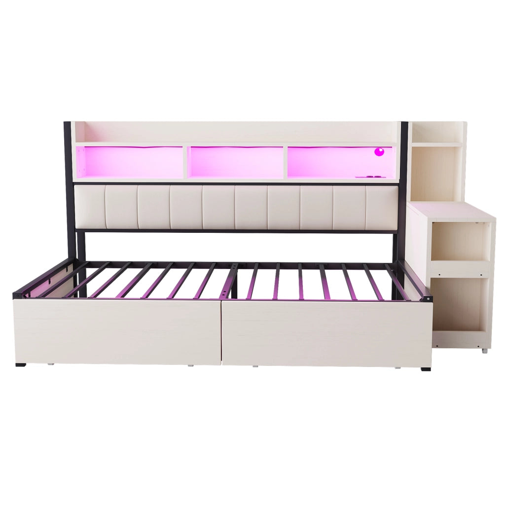 OKWISH Letto Divano 90×200 cm, Letto Singolo con Scaffali, Cassetti, Prese, Scrivania Estraibile e LED, senza Materasso, Bianco