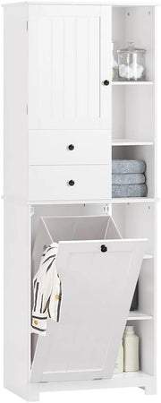 Mobile Bagno con Cesto per Linge Mobile Rangemento Alto Armadio Bagno con 6 Ripiani e 2 Cassetti Mobiletto Salvaspazio Bianco 60x37x171 cm BZR104-W
