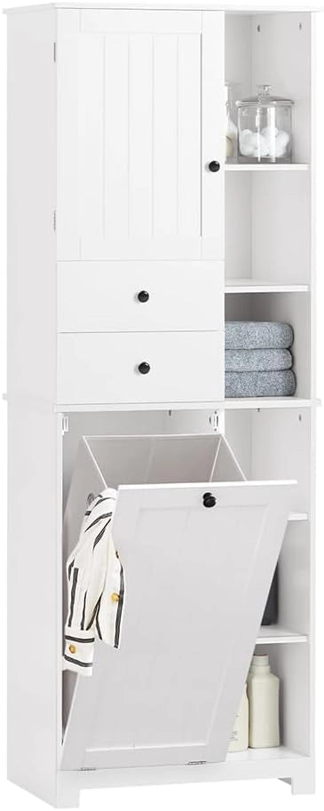 Mobile Bagno con Cesto per Linge Mobile Rangemento Alto Armadio Bagno con 6 Ripiani e 2 Cassetti Mobiletto Salvaspazio Bianco 60x37x171 cm BZR104-W