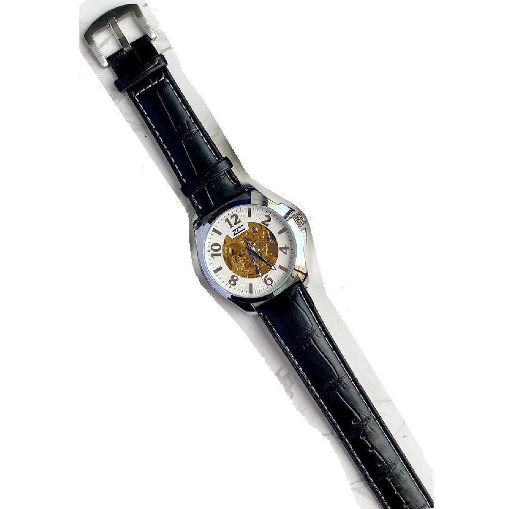 Trade Shop - Orologio Polso Zcc G8239 Uomo Automatico Cinturino Pelle Casual Nero Silver Bianco -