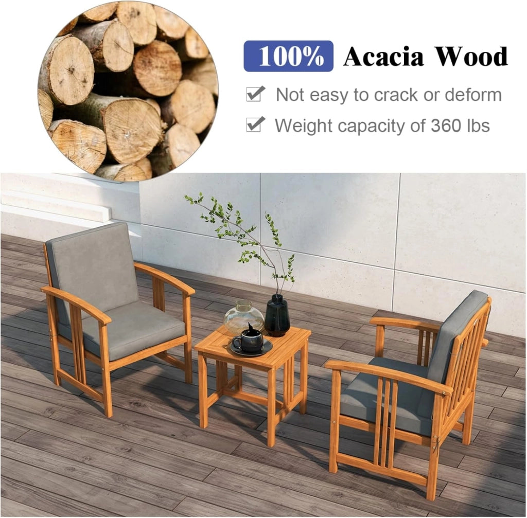 Set da giardino per 2 persone, in legno di acacia, mobili da esterno con cuscini, 1 tavolo e 2 poltrone, cuscini rimovibili, per cortile, patio, soggiorno