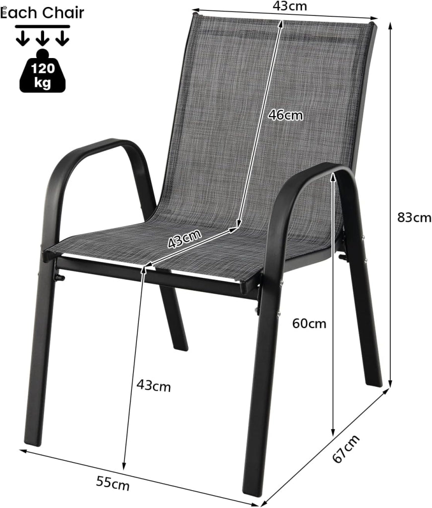 Set di 4 Sedie da Giardino Impilabili, Sedie da Terrazza con Braccioli, Sedie Impilabili in Metallo e Tssuto Textilene, Sedie da Balcone, 55 x 67 x 83 cm, Sedie da Pranzo per Patio, Terrazza