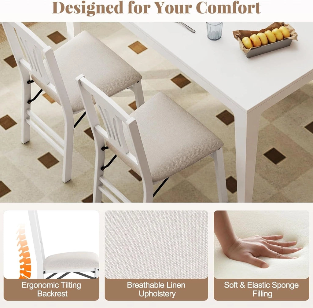 Set di 2 sedie da pranzo pieghevoli, sedia da cucina con seduta imbottita e struttura in legno di gomma, portata fino a 170 kg, 43,5 x 53 x 87 cm, salvaspazio (bianco)