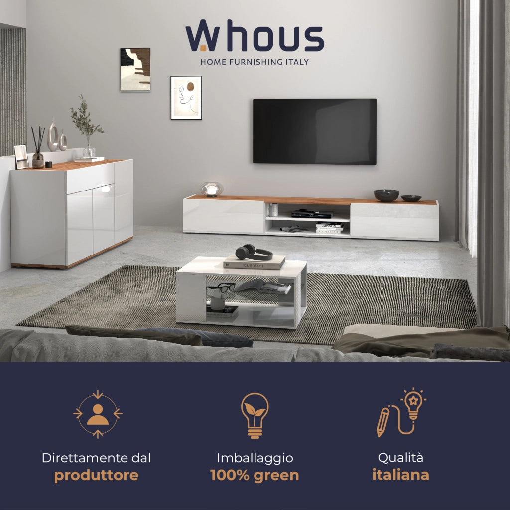 WHOUS Mobile porta tv Garda 2 ante e 1 ripiano centrale bianco lucido e rovere 210x35x30 cm