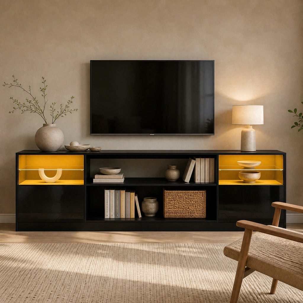 Mobile TV LED nero lucido 180 x 35 x 60 cm, per TV fino a 75 pollici, 4 ante a ribalta, 8 vani portaoggetti