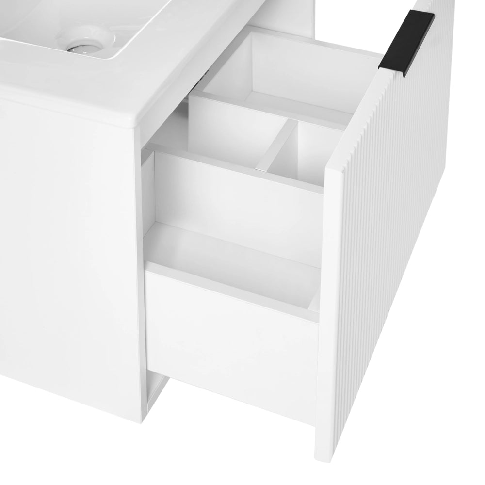 Mobiletto a muro con lavabo in legno massiccio Bianco con maniglia nera per il bagno 60 cm stile moderno