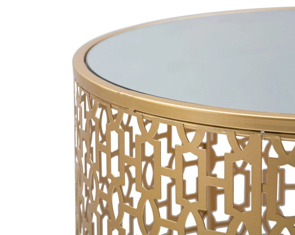 Tavolinetti Coppia Oblin Ø41x50-37,5x47 cm in Ferro MDF e Vetro Oro