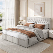 Letto imbottito 160 x 200 cm in lino grigio con contenitore, stile europeo minimalista, senza materasso