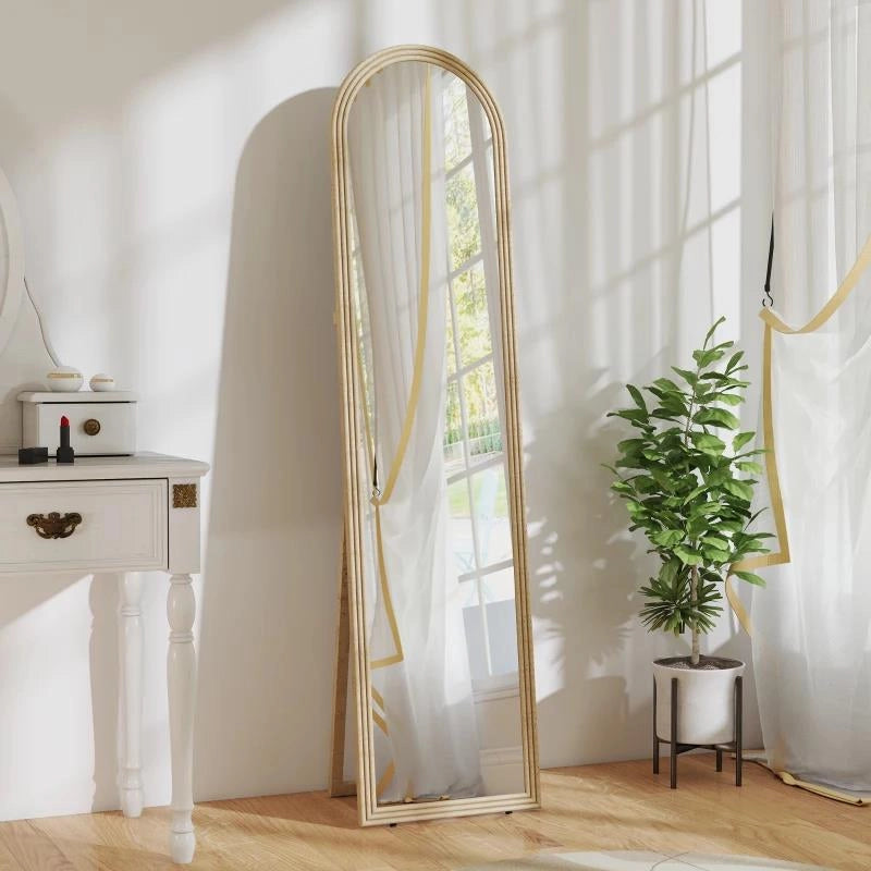SPECCHIO DA TERRA E PARETE A FIGURA INTERA CON CAVALLETTO, EFFETTO PIETRA E FORMA AD ARCO, 40X160 CM, BEIGE