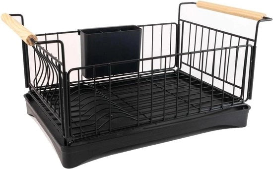 Afdruiprek per servizio in Acciaio inossidabile Nero - 50 x 29 x 23,5 cm - Con cassetta di raccolta e maniglie in legno afdruiprek con cassetta di raccolta ripiegabile