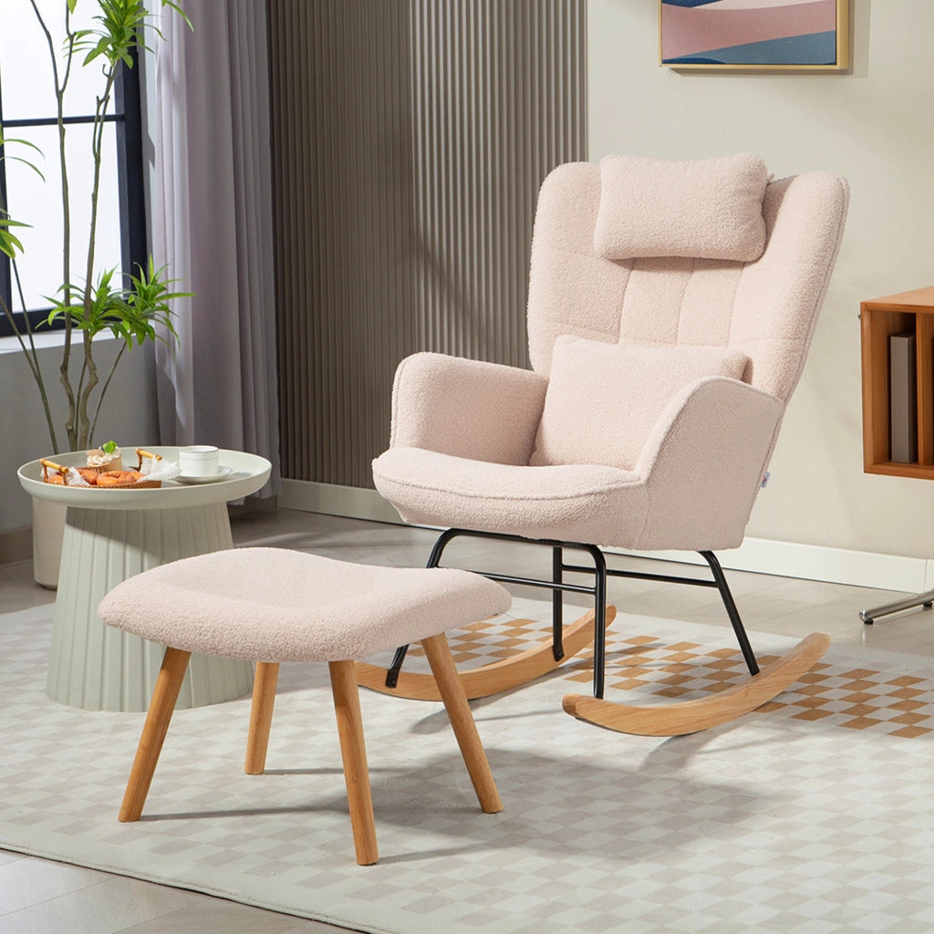 Poltrona a Dondolo con Poggiapiedi e Cuscino ¨C Minimal ¨C Beige Tessuto Legno