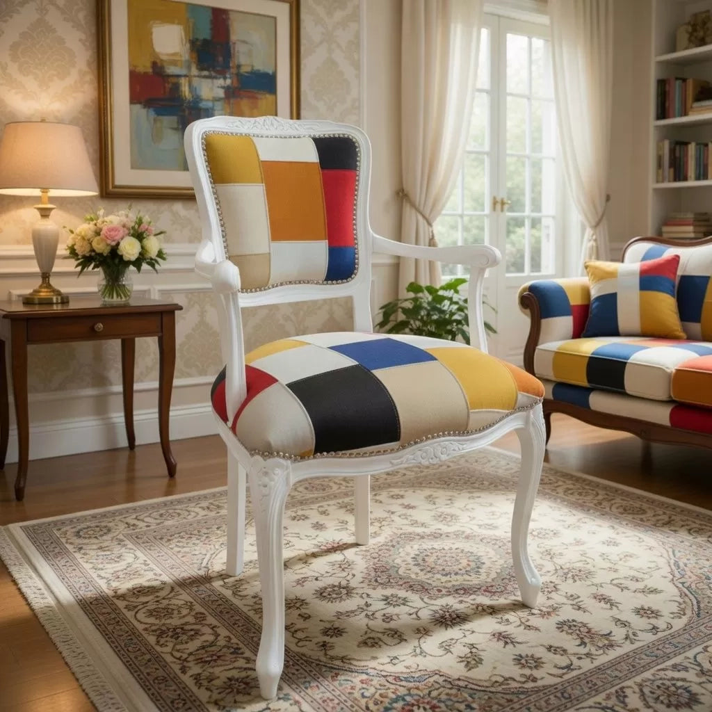 Poltrona parigina imbottita tessuto multicolore legno bianco 55x45x85 - Mobili 2G