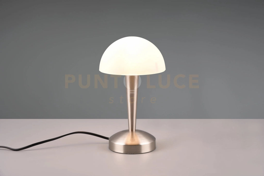 CANARIA LAMPADA DA TAVOLO METALLO ACCIAIO E VETRO SATINATO TOUCH CON LAMPADINE DIMMERABILE INCLUSA ATTACCO E14  4,9W 470lm, 3000K H. 26,5CM