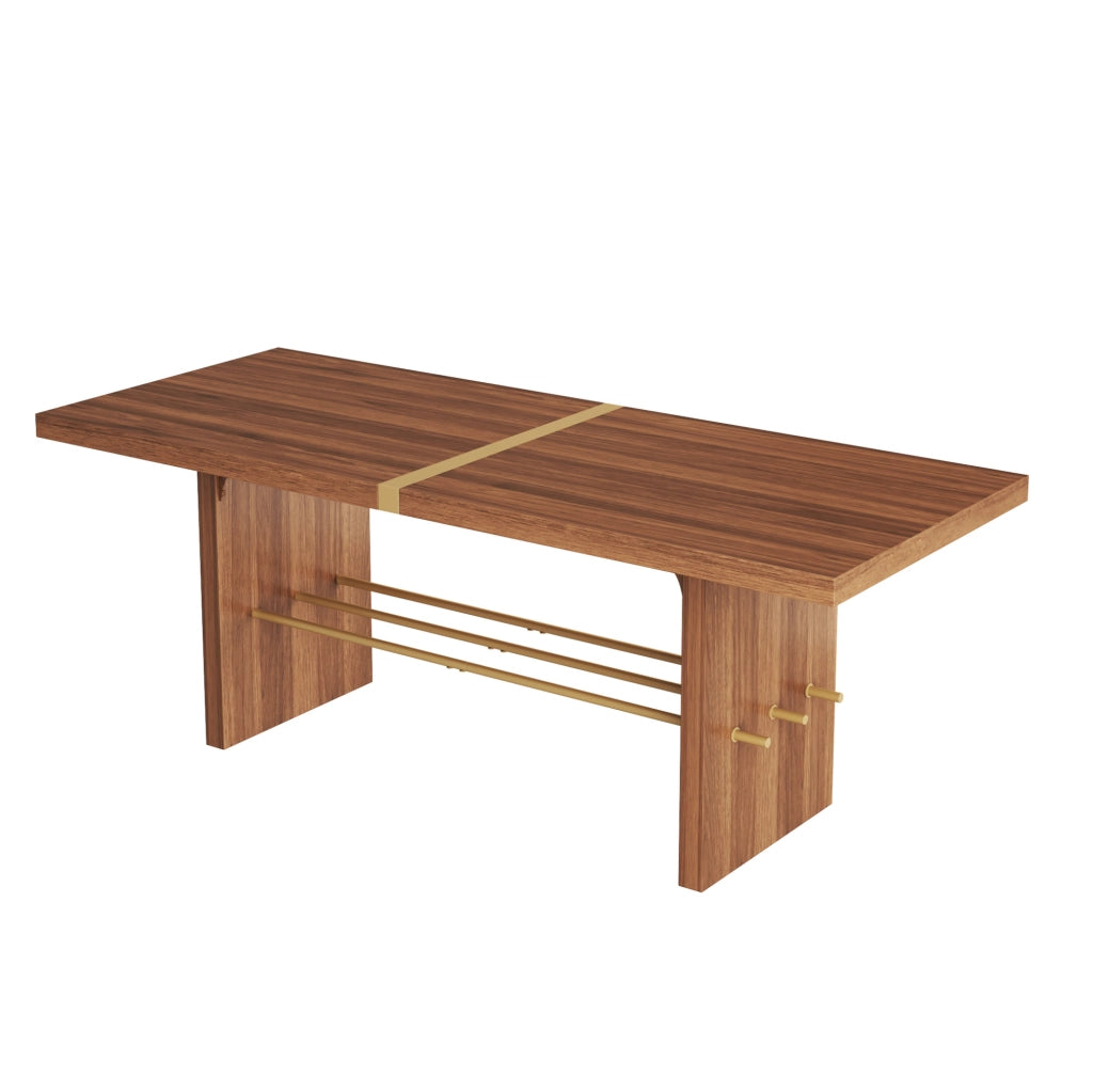 Tavolo da pranzo 180x75x75 cm per 6-8 persone con piano da 4 cm e traversa dorata in MDF noce