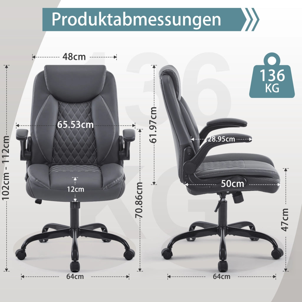 Sedia da ufficio ergonomica con supporto lombare braccioli ribaltabili e altezza regolabile in pelle grigio
