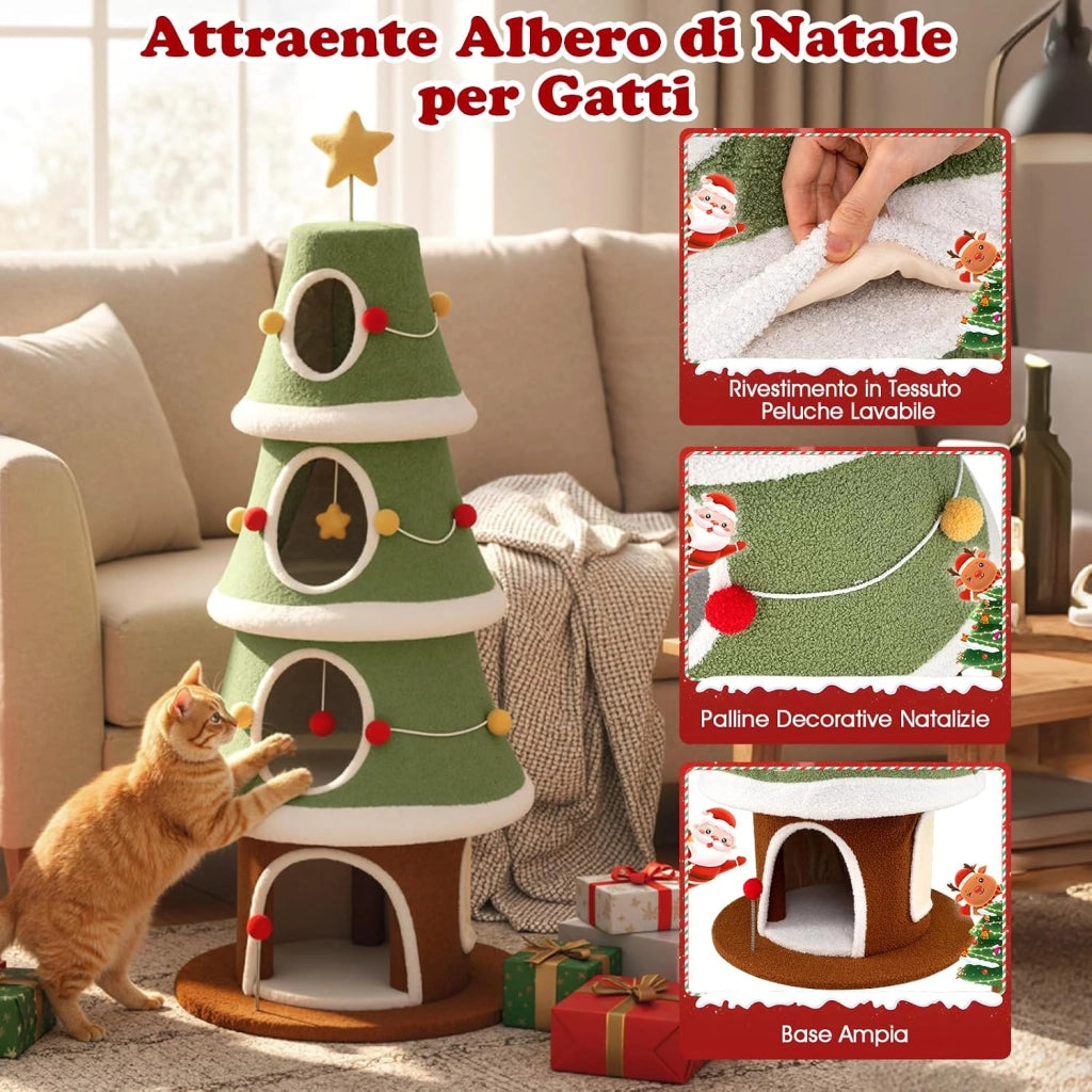 Albero di Natale per Gatti da Interno, Tiragraffi per Gatti Alta 154 cm con 4 Condomini, Pallina Pendete, Giocattolo a Molla e Stella in Cima, Mobile per Animali per Decorazioni Natalizie