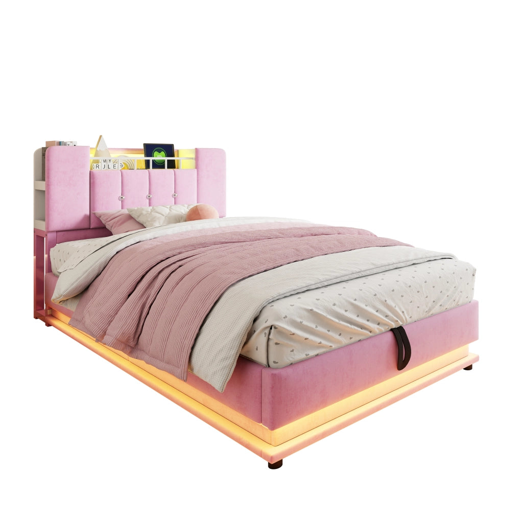 DESMIU Letto per bambini 90 × 200 cm con LED, USB e contenitore idraulico, senza materasso, in velluto, rosa