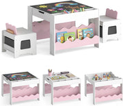 4 in 1 Set Tavolo e 2 Sedie per Bambini 3+ Anni (Rosa e Bianco) | Tavolo e Sedie con Lavagna Rimovibile, Sedia con Cassetto in Tessuto, Mobile in Legno Versatile per Cameretta e Soggiorno