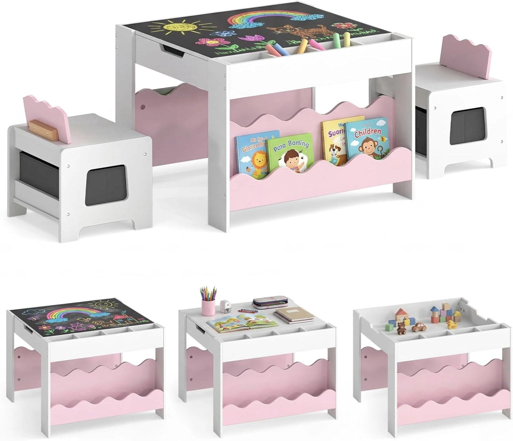 4 in 1 Set Tavolo e 2 Sedie per Bambini 3+ Anni (Rosa e Bianco) | Tavolo e Sedie con Lavagna Rimovibile, Sedia con Cassetto in Tessuto, Mobile in Legno Versatile per Cameretta e Soggiorno