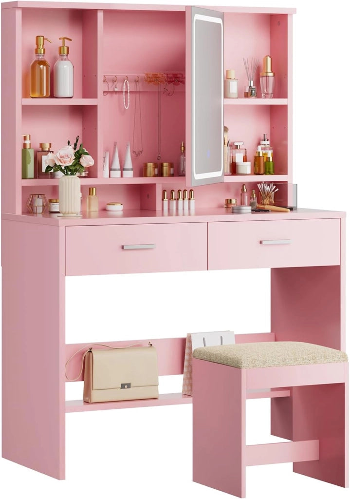 Toeletta da Trucco con Luci LED,Tavolo da Trucco con Sgabello, Postazione Trucco con Specchio,Scomparti Aperti, Ripiani Regolabili,Moderno,per Camera da Letto,Rosa