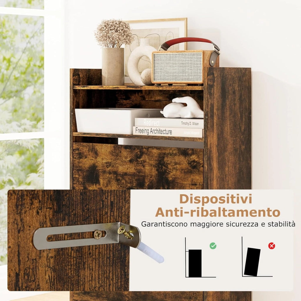 Scarpiera Slim in Legno, Portascarpe a 4 Livelli con 2 Cassetti a Ribalta, con Ripiano Aperto, Mobile Porta Scarpe per Ingresso Corridoio, 60x24x102 cm (Marrone)