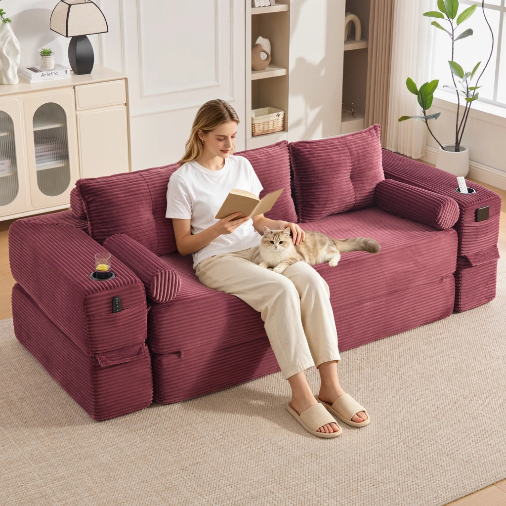 Divano Letto 3 Posti Pieghevole con Cuscini e Portabicchiere ¨C MINIMAL ¨C Tessuto a Coste