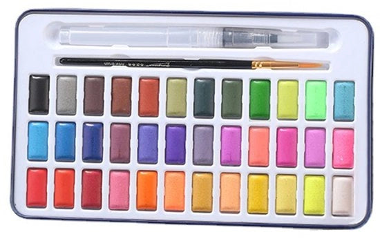 Set di Acquarello Portatile 36 Colori - Cassa Metallica - Qualità Premium - Pennello per Principianti - Colori Vivaci - Contenitore di Stoccaggio Sicuro - Set di Acquarello