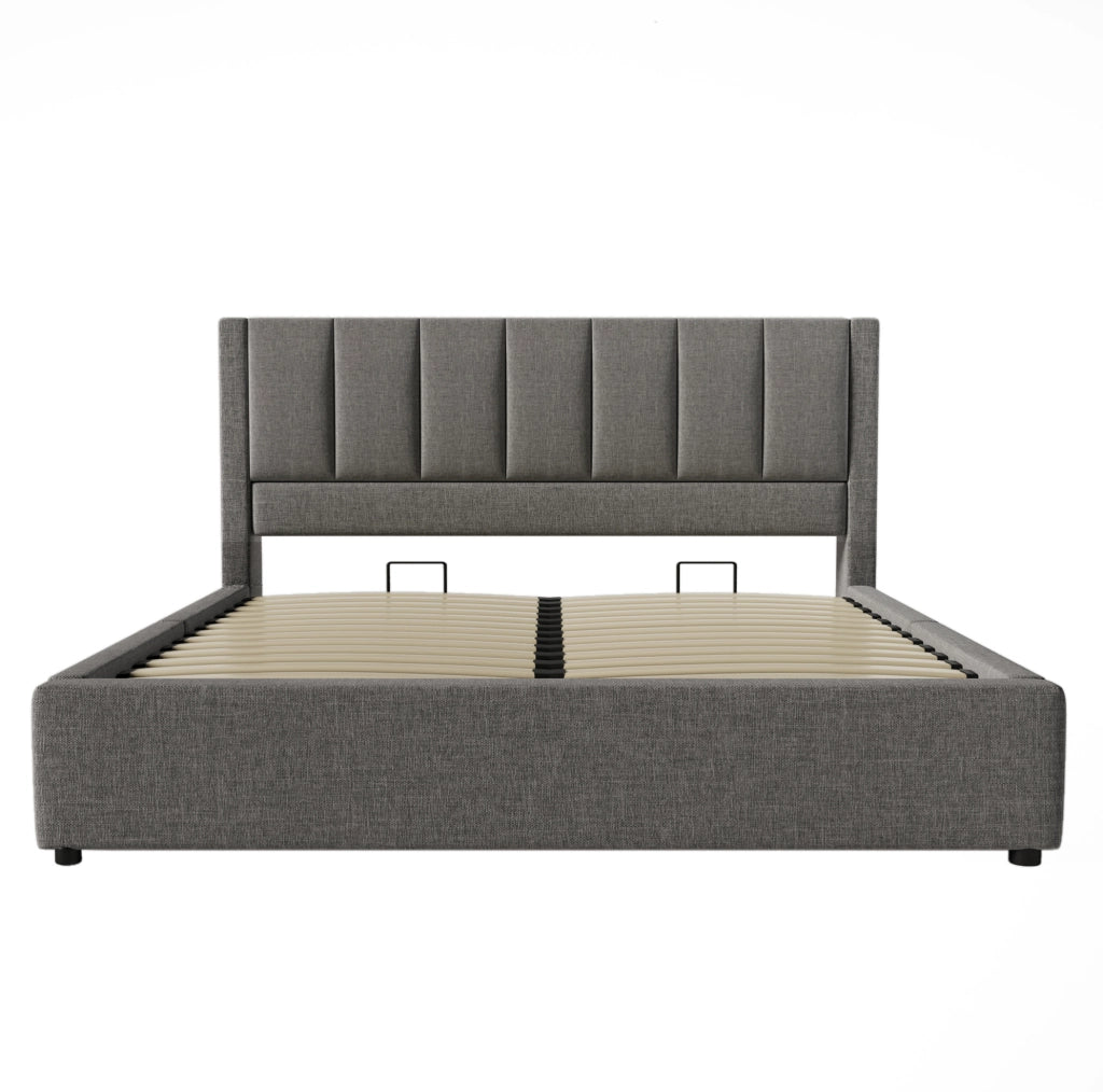 Letto imbottito 140x200 cm con contenitore, USB, portabicchieri e materasso