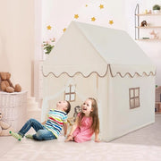 Tenda da Gioco per Bambini, Casetta per Bambini con Struttura in Solido Legno, Tappetino di Cotone, Tenda a Rete e Finestre, 105x120x140 cm (Beige)