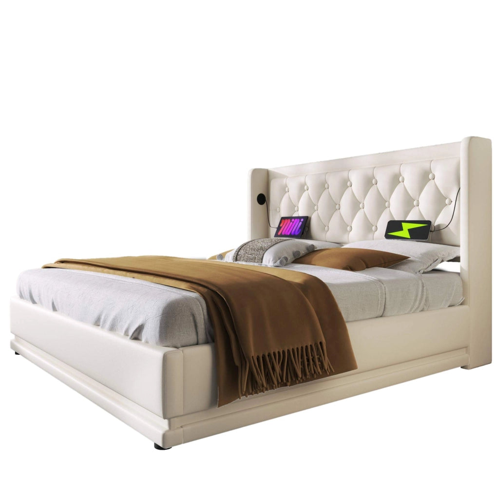 Letto matrimoniale 140x200 cm imbottito in PU bianco con contenitore; USB e LED