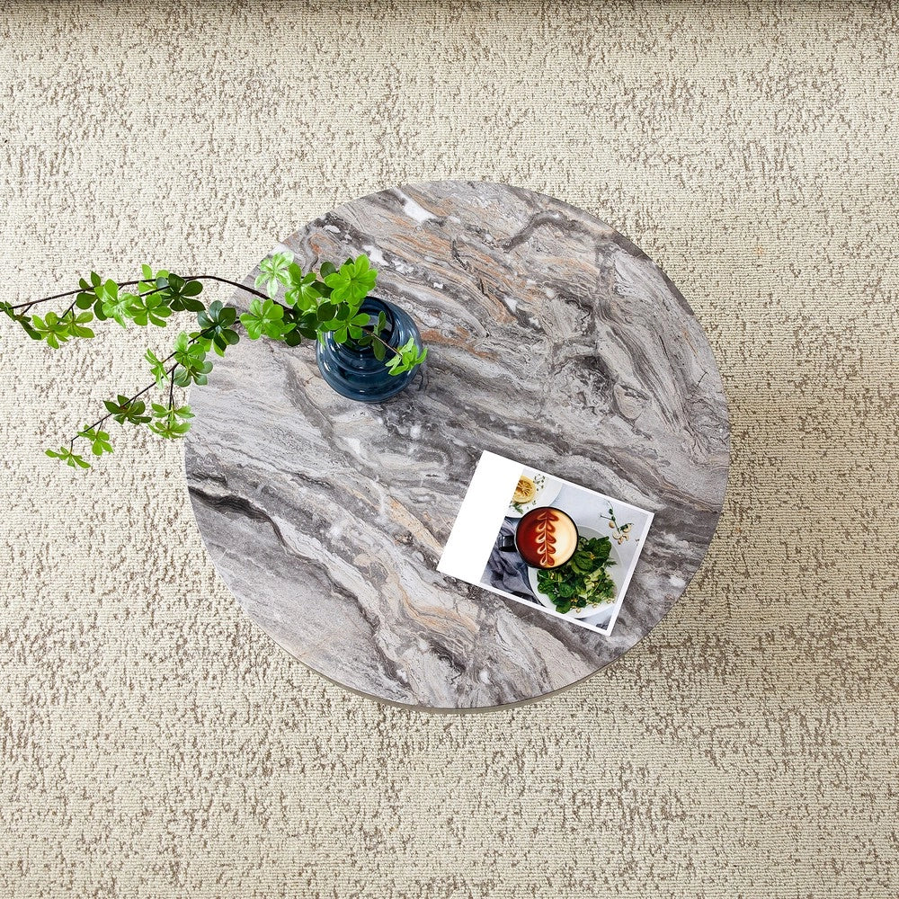 Tavolino da Caff¨¨ Rotondo ¨C MINIMAL ¨C Effetto Marmo Grigio, Gambe in Metallo Nero, ?70 cm