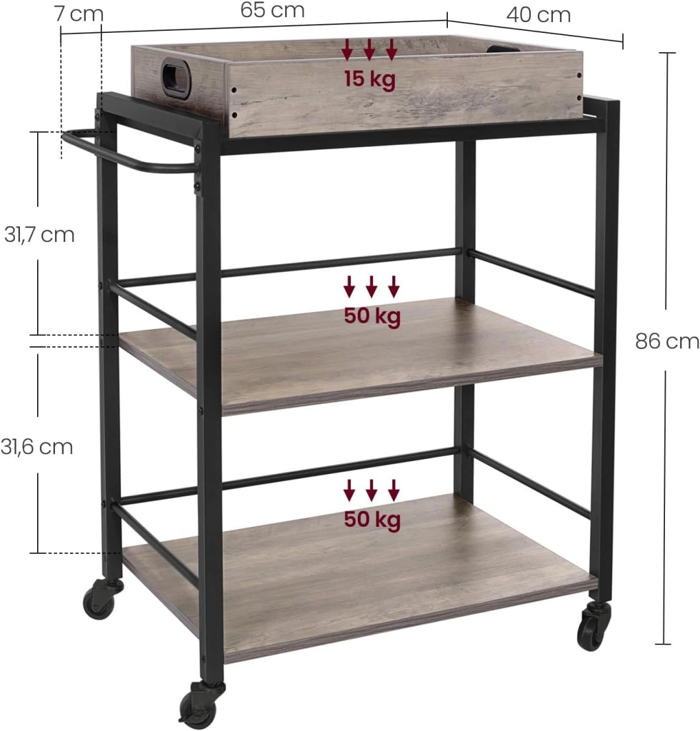VASAGLE Carrello da Cucina con Vassoio Rimovibile, Carrello Portavivande Fisso o con Ruote, Struttura in Acciaio, Scaffale Cucina 40 x 72 x 86 cm, Greige e Nero Inchiostro LRC072B02
