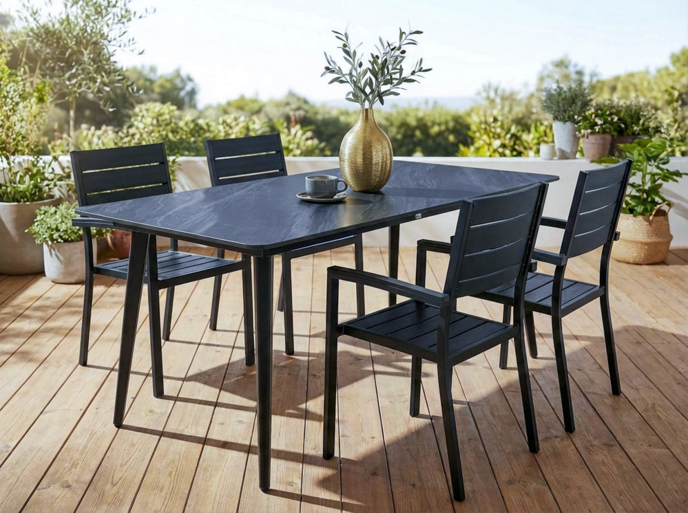 Tavolo da pranzo da giardino Piano in pietra sinterizzata Struttura in ferro Resistente ai raggi UV, all'acqua e alla ruggine Per interni ed esterni Marmo nero