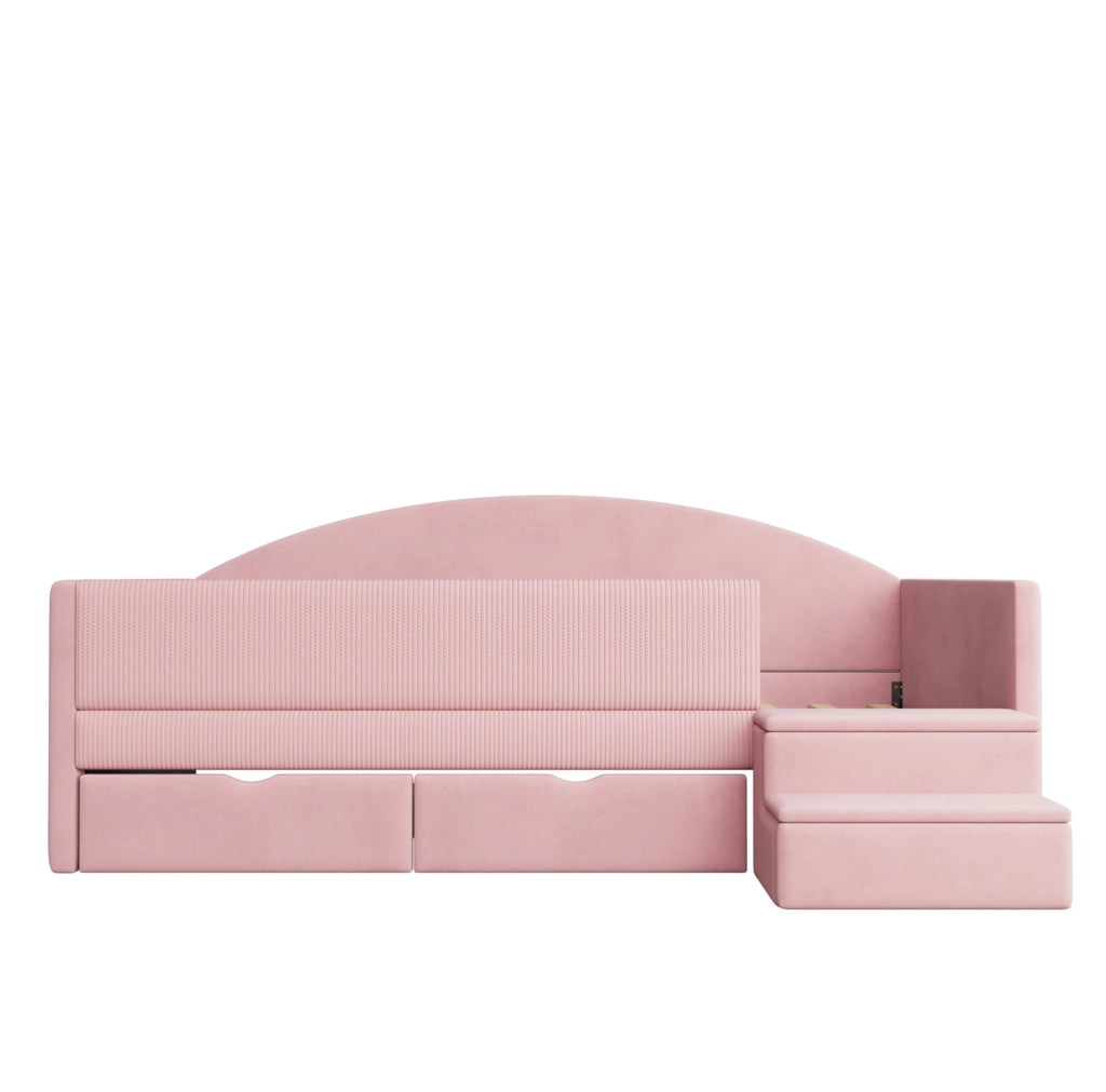 Letto imbottito 90x190 cm con 2 cassetti, sponde di protezione e scaletta rosa