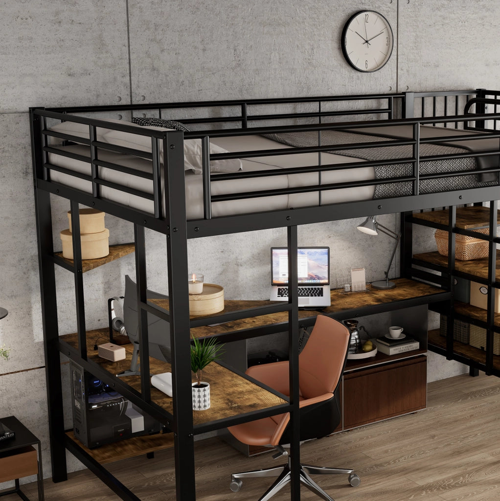 Letto a soppalco in metallo e MDF con scrivania; porta di ricarica e scala angolare 120x200 cm