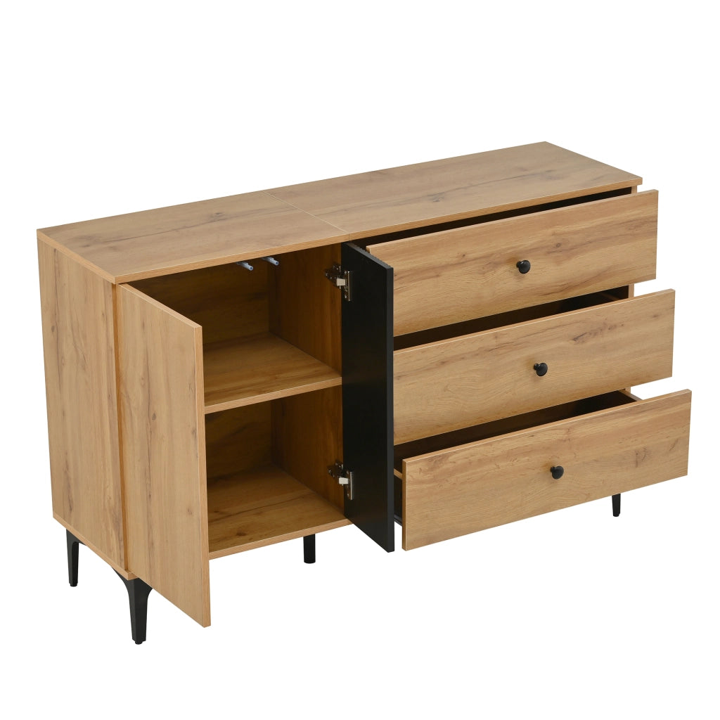 Madia con anta e tre cassetti in pannello di particelle nero e naturale 120 × 35 × 76 cm