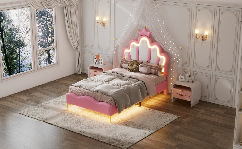 DESMIU Letto Singolo 1 Posto con LED Regolabile, Testiera a Corona, 90 × 200 cm, Senza Materasso, PU Rosa
