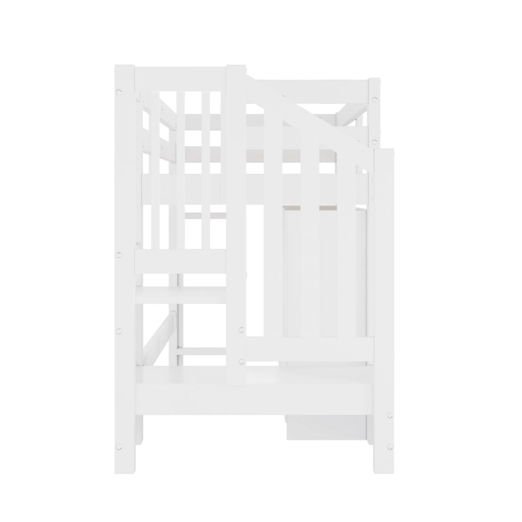 Letto a soppalco 90x200 cm con scala contenitore e LED in legno bianco
