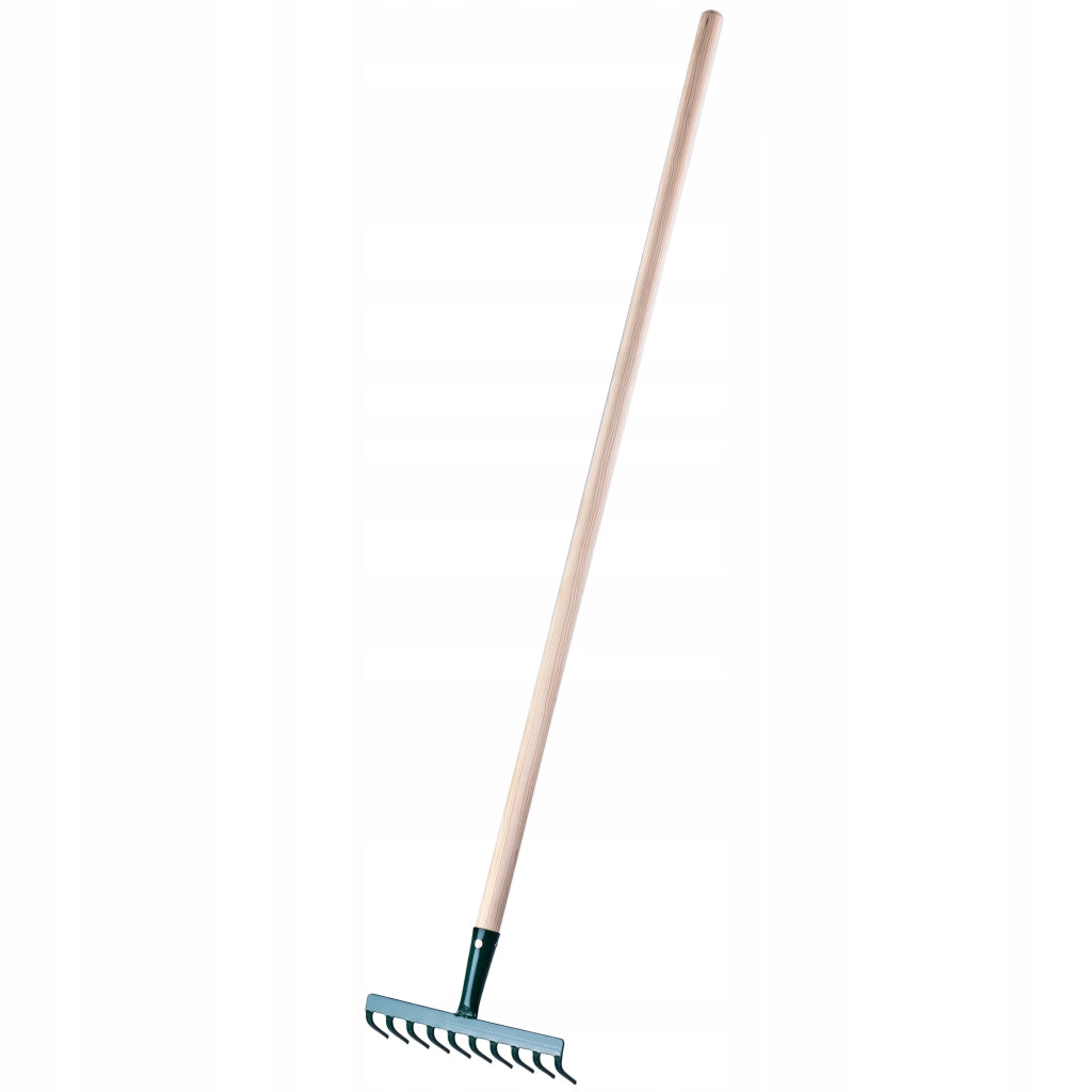 Rastrello per foglie KADAX per giardino, con manico in legno, lunghezza 138 cm, 10 denti, robusto.