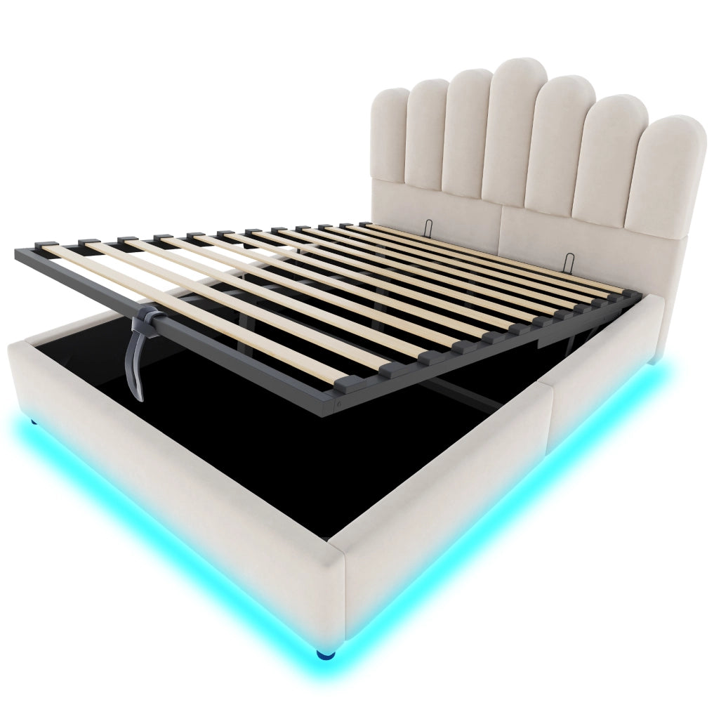 Letto imbottito 140x200 cm con contenitore idraulico; LED e testiera unica in velluto beige