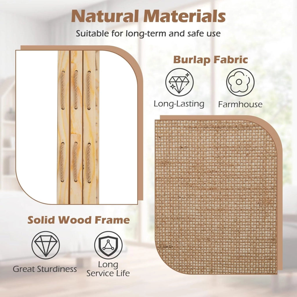 Paravento pieghevole a 3 pannelli. Separatore di privacy in legno con 8 tasche, 4 ganci e spago per appendere con 20 clip in bambù, 120 x 170 x 2 cm