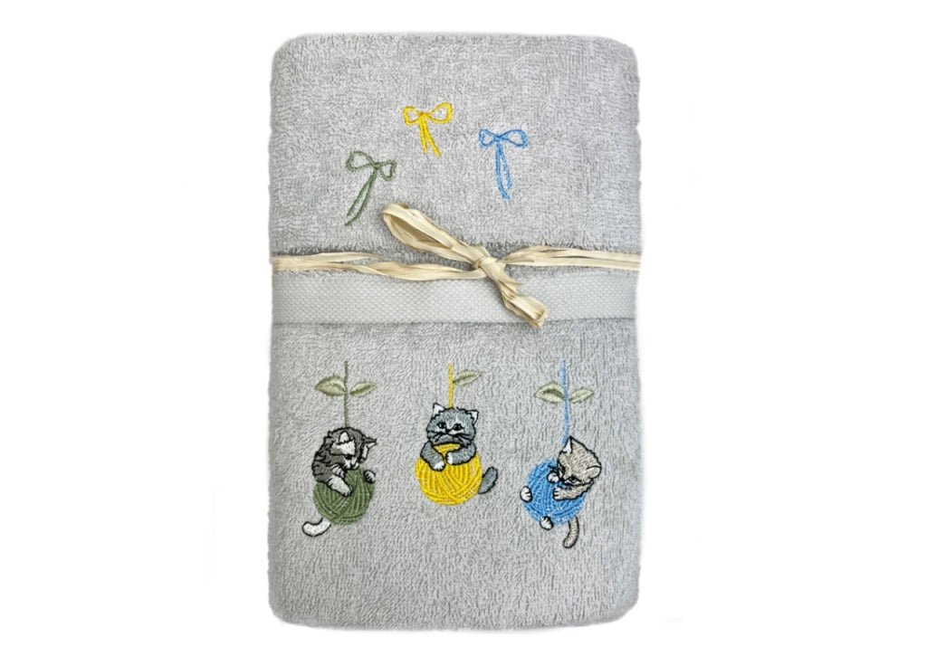 Set Asciugamano Copiola Salvietta Bagno Spugna 100% Cotone Gatto Gomitolo - Copiola - Grigio