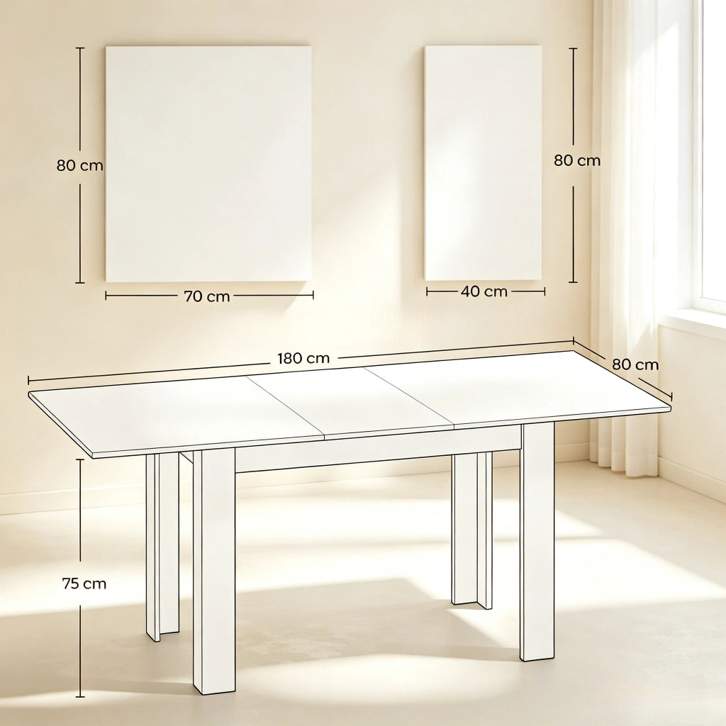 Tavolo da pranzo allungabile per 6-8 persone con piano in MDF e guide in acciaio, per cucina e sala da pranzo, bianco