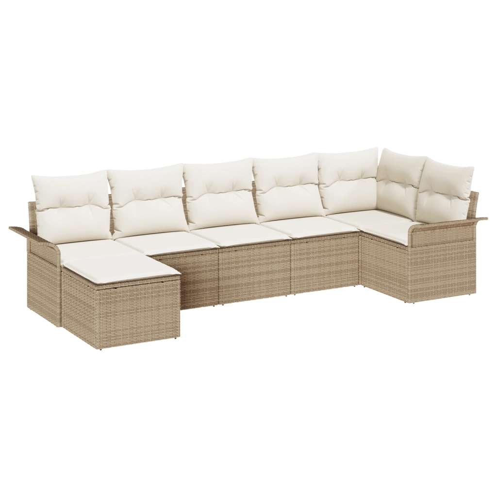 Set Divano da Giardino da 7 Pezzi con Cuscini Beige Poly Rattan