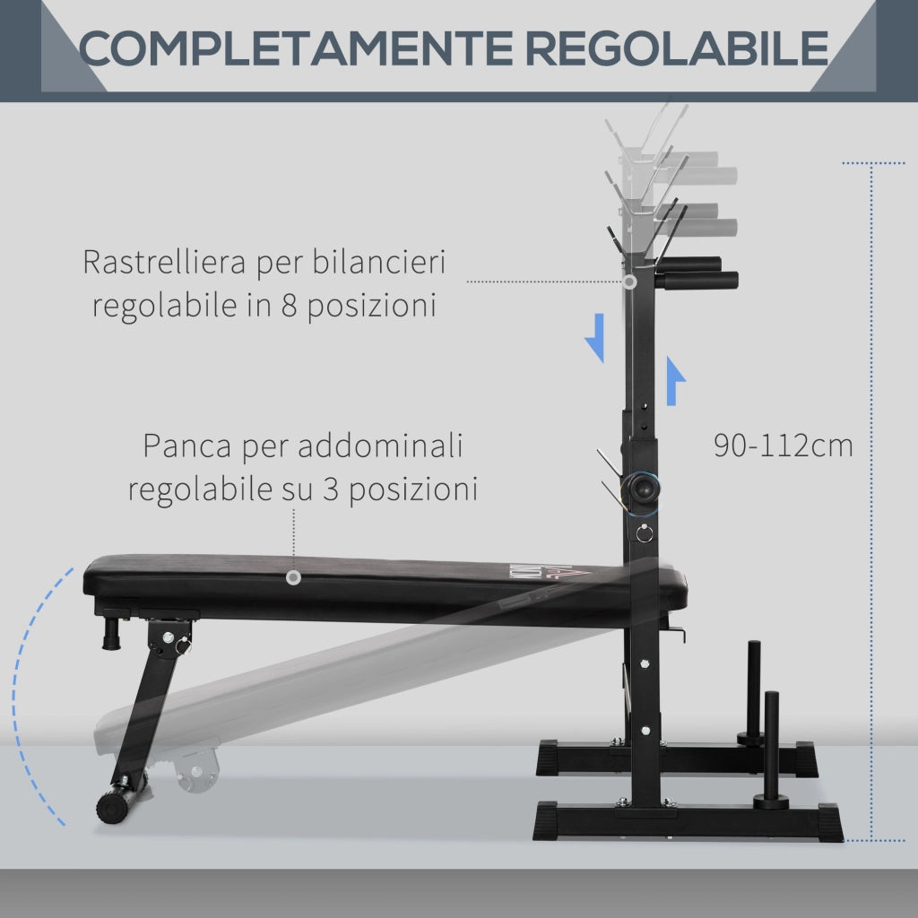 EasyComfort Panca Pesi Pieghevole con 8 Altezze Regolabili e Supporto Bilanciere in Acciaio e PU, 140x73x98-122 cm, Nera