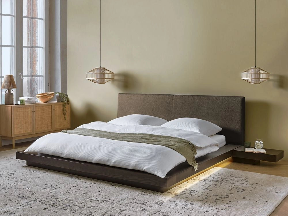 Letto a LED in stile giapponese in frassino scuro 180 x 200 cm testata in legno impiallacciato bouclé camera da letto a basso profilo