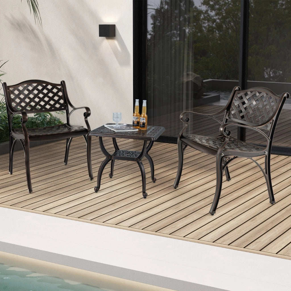 Set di 2 sedie da giardino in alluminio pressofuso, Sedie da pranzo in metallo con braccioli e sedute curve Bronzo Modello 1-Sedie da esterno