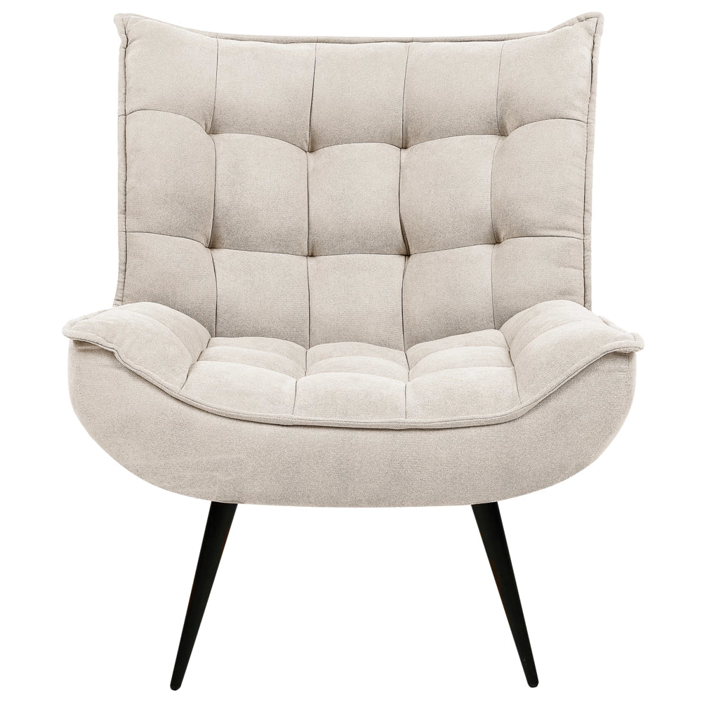 Poltrona Beige Chiaro senza Braccioli con Dettagli Trapuntati, Gambe in Metallo Nero Stile Soggiorno Camera da Letto Moderno