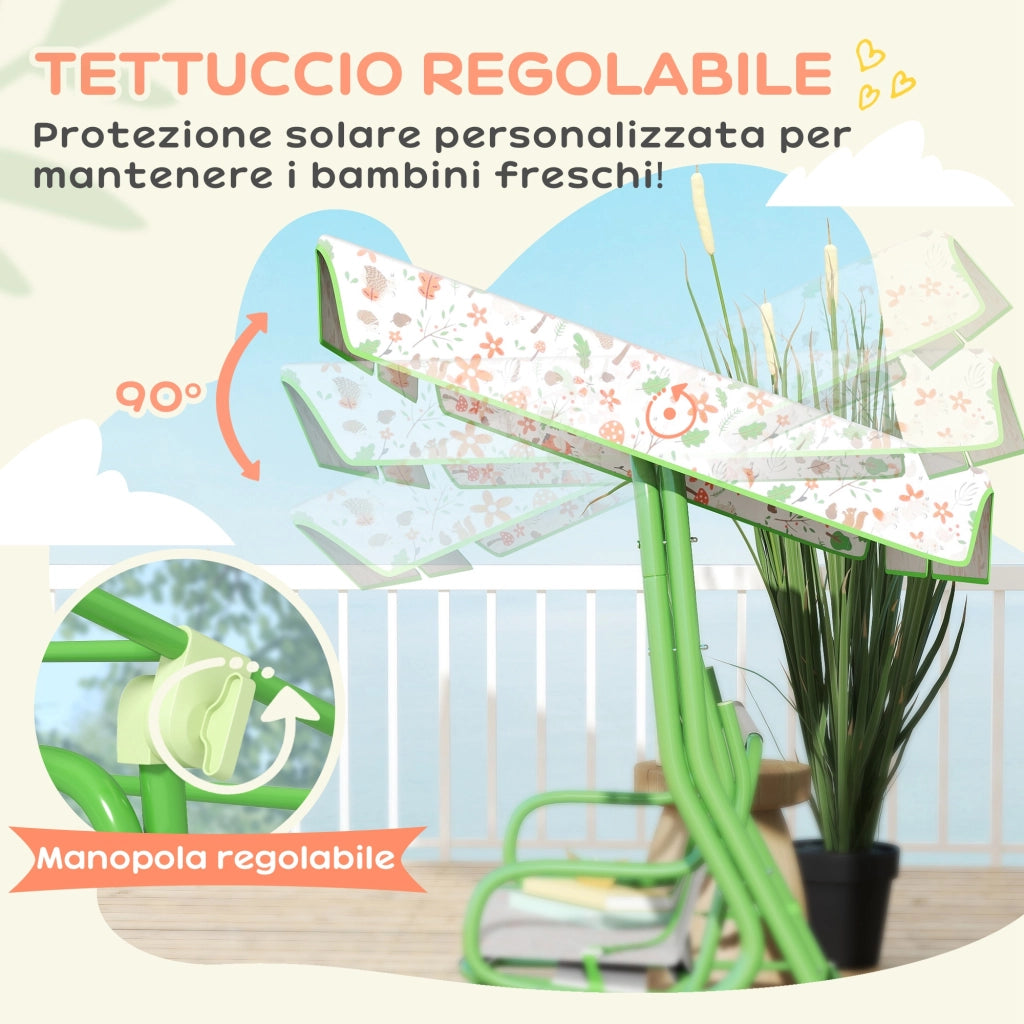 Dondolo per Bambini da Esterno a 2 Posti con Tettuccio Regolabile e Cinture di Sicurezza, 112x75x120 cm, Verde
